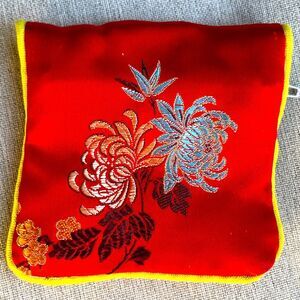 Floral Embroidered Red Yellow Coin purse w/ Asian style flowers Zipper and Snap